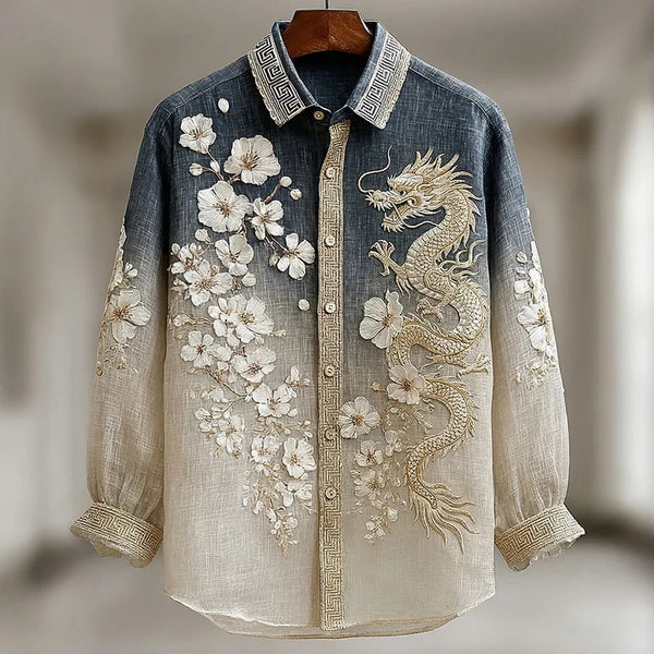 Stylitex Premium Gradient Dragon Blossom Embroidered Shirt for Men Casual Summer Half Sleeve Button Down Streetwear Designer Luxury Linen Style Fashion Shirt